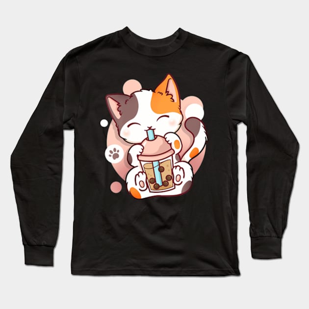 Cat Boba Tea Bubble Tea Anime Kawaii Neko Long Sleeve T-Shirt by Cristian Torres